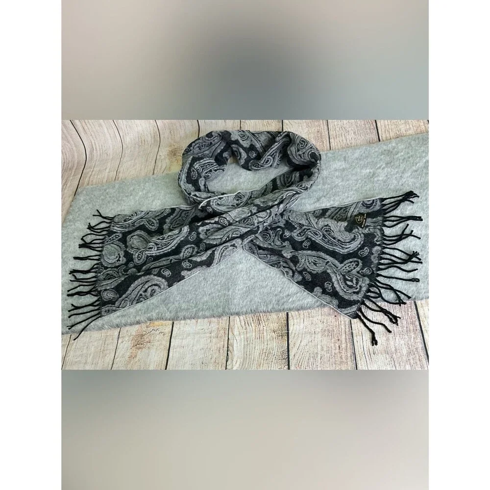 Black & Gray 100% Cashmere Paisley Fringe Scarf
